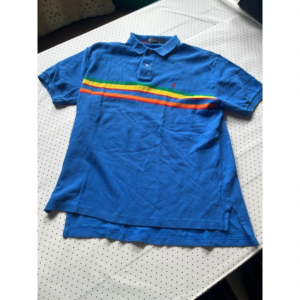 Polo Ralph Lauren Mens Blue Rainbow Multi Stripe Cotton Pique Polo Shirt Large